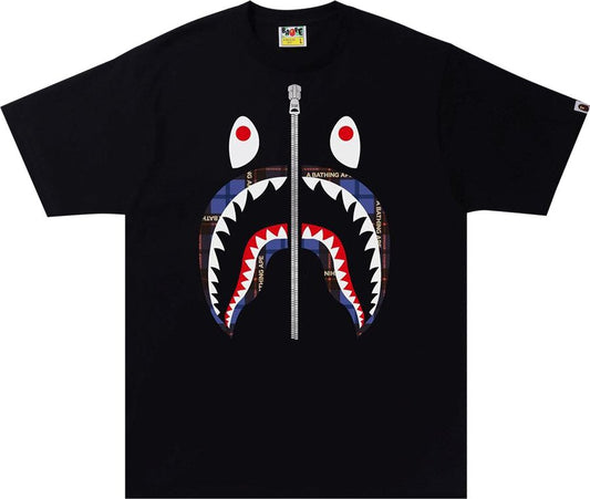 Promo BAPE Logo Check Shark Tee Blue Black